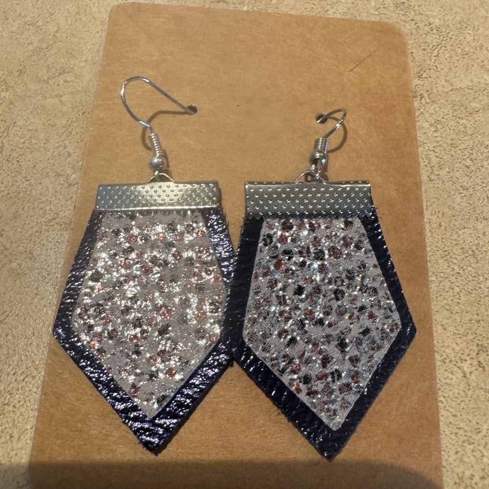 - Navy and gray pebbled leather earrings
